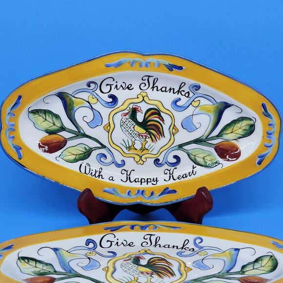 2 Fitz and Floyd Ricamo 11"  "Give Thanks With a Happy Heart" Tray Rooster - Picture 2 of 8